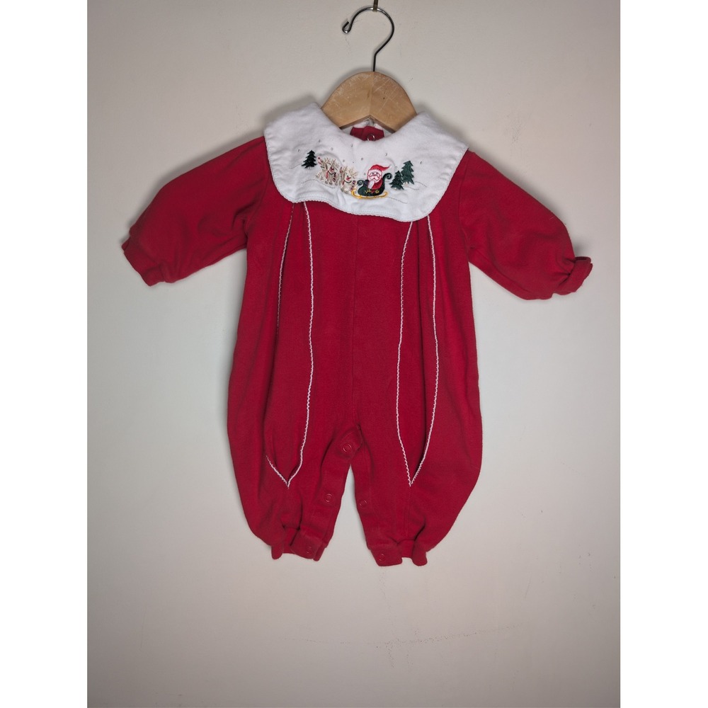 VINTAGE CC BABY Santa Embroidered Romper‎ Coverall Unisex 6-9M Red Holiday 90s